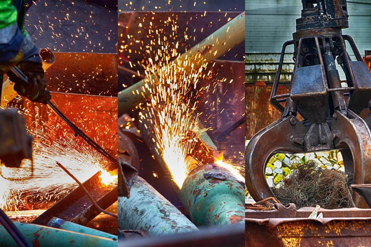 Bild mit vier Tafeln, das verschiedene industrielle Szenen mit Metall, Funken und einem Vogelnest in einer Maschine zeigt.